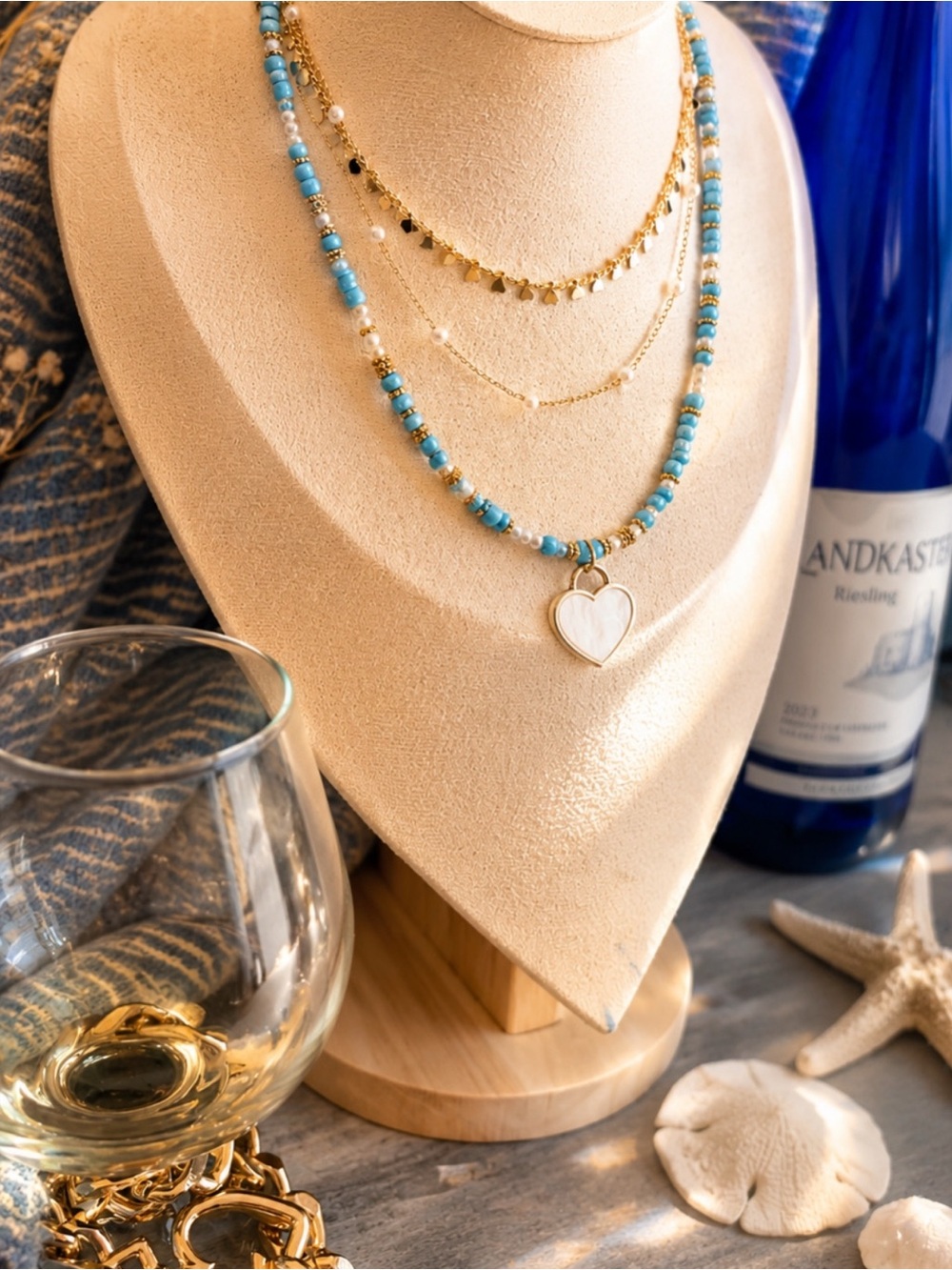 Casual Bead Necklace with Heart Pendant - Women's Jewelry